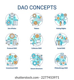 Decentralized autonomous organizations concept icons set. No central leadership idea thin line color illustrations. Isolated symbols. Editable stroke. Roboto-Medium, Myriad Pro-Bold fonts used