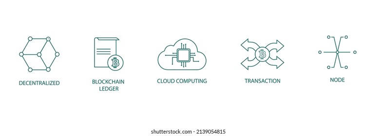 descentralizado, archivo de registro de bloques, computación en la nube, transacción, nodo, conjunto de iconos de línea de bloqueo vector 