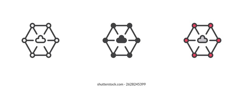 Decentralized cloud network different style icon set. Line, glyph and filled outline colorful version, outline and filled vector sign. Central Cloud symbol, logo illustration. Vector graphics