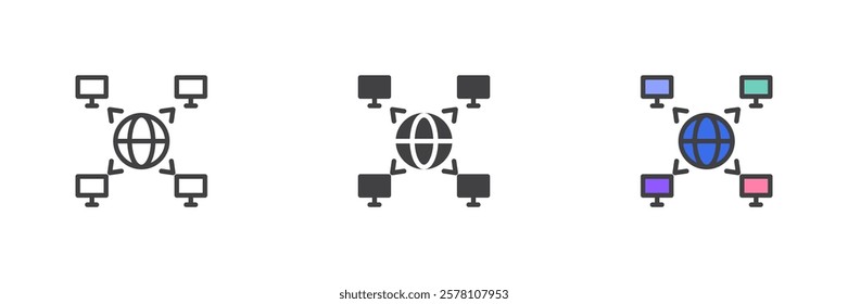 Decentralized database different style icon set. Line, glyph and filled outline colorful version, outline and filled vector sign. Blockchain symbol, logo illustration. Vector graphics