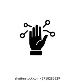 Mano de decisión descentralizada con nodos de blockchain. Símbolo de votación de gobernanza comunitaria. Icono de consenso de la comunidad Blockchain.