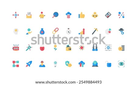 Decentralized digital technology, blockchain and cryptocurrency, data mining color icon set. Network, node and cube models, finance transaction and cryptography flat elements vector illustration