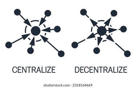 Decentralized, disperse.Centralization, concentration.Vector linear icon isolated on white background.