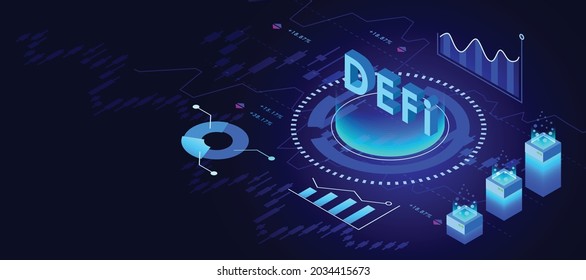 Banner de financiación descentralizada símbolo etéreo 3D Rendering DeFi concepto, composición isométrica de criptodivisa y cadena de bloqueo con financiación descentralizada 