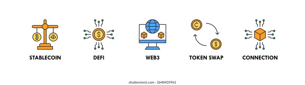 Decentralized Finance banner web icon vector illustration concept with icon of stablecoin, defi, web3, token swap, and connection