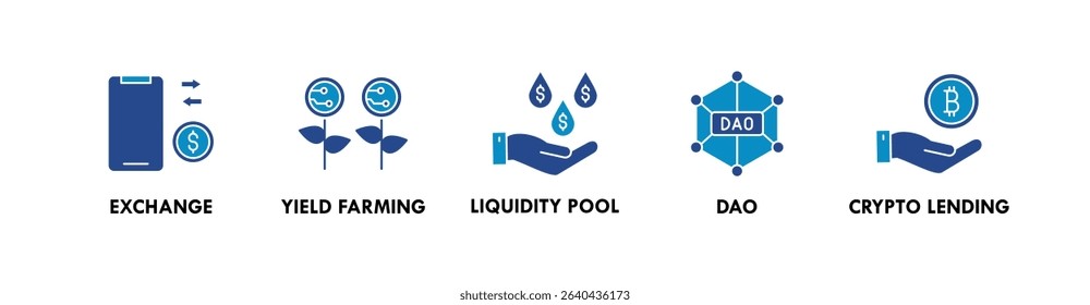 Decentralized Finance banner web icon vector illustration concept with icon of exchange, yield farming, liquidity pool, dao, and crypto lending