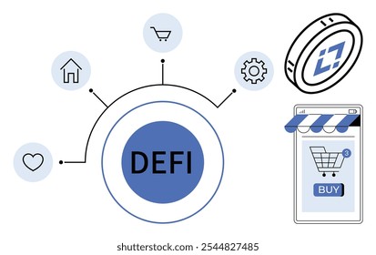 Las finanzas descentralizadas en el centro están conectadas a íconos que representan un corazón, una casa, un Carrito de compras, un engranaje y una criptomoneda. Ideal para finanzas, criptomonedas, tecnología, comercio, digital