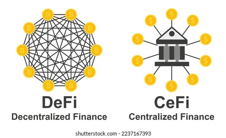 Decentralized finance and centralized finance.DeFi vs CeFi. Vector Illustration