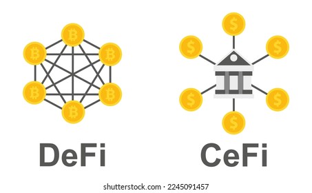 Decentralized finance and centralized finance.DeFi vs CeFi. Vector Illustration