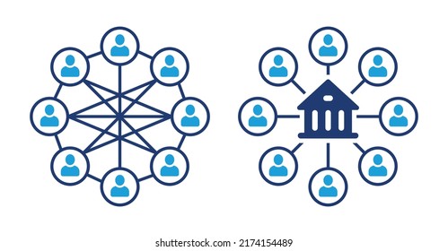 Decentralized finance and centralized finance vector icon. DeFi and CeFi digital network illustration.