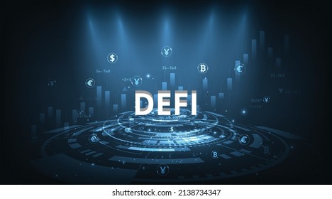 Concepto de finanzas descentralizadas (DeFi).Composición de criptodivisa con vector de activos digitales sobre fondo azul oscuro.Sistema financiero descentralizado futurista.Ilustración 3D