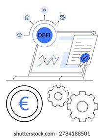 Decentralized finance, fintech, cryptocurrency, blockchain, investment, digital transactions. Laptop with financial graphs, certificate and euro icon surrounded by gears. Decentralized finance