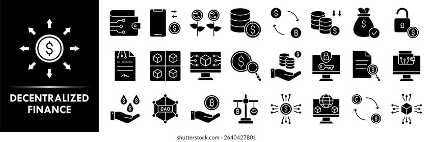 Decentralized Finance icon collection set. Containing design finance, currency, technology, digital, crypto