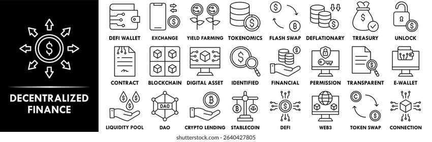Decentralized Finance icon collection set. Containing design finance, currency, technology, digital, crypto