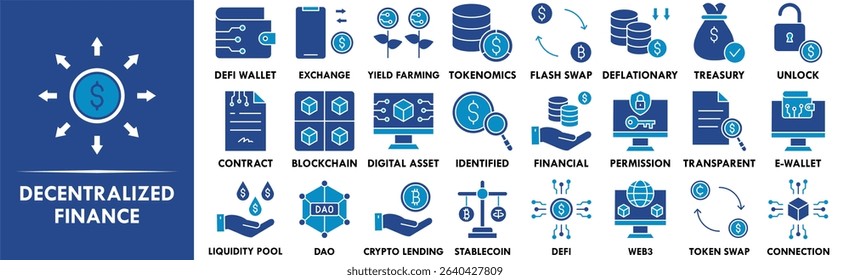 Decentralized Finance icon collection set. Containing design finance, currency, technology, digital, crypto