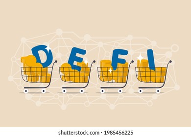 Decentralized finance, new technology using blockchain for banking, digital money or financial platform and application concept, shopping cart with alphabets DEFI on decentralized link dots pattern.