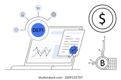 Decentralized Finance theme with elements such as a laptop, charts, blockchain icons, cryptocurrency symbols, and smart contracts. Ideal for fintech, digital currency, blockchain technology