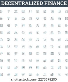 Decentralized finance vector line icons set. DeFi, Blockchain, Crypto, Smart Contracts, Distributed Ledger, Digital Currencies, Cryptocurrency illustration outline concept symbols and signs