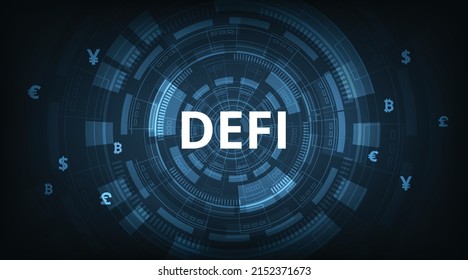 Decentralized Finance(DeFi) on dark blue background.Concept of cryptocurrency, blockchain and digital asset. Futuristic  decentralized financial system. 