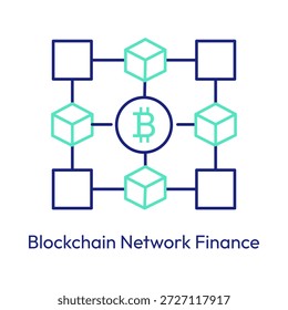 Sistema financiero descentralizado e icono de red de activos digitales con trazo editable.
