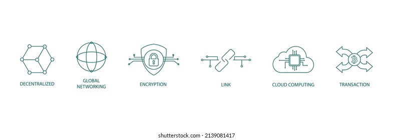 Decentralized, Global Network, Encryption, Link, Cloud Computing, Transaction Line Icon Set Vector Illustration 