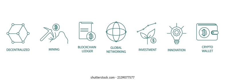 descentralizado, minería, blockchain book, red global, inversión, innovación, crypto wallet, blockchain icon set vector ilustración 