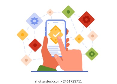 Decentralized mobile application and computing. Hands holding phone with check mark on screen, wireframe of network connection to peers, person using open source software cartoon vector illustration