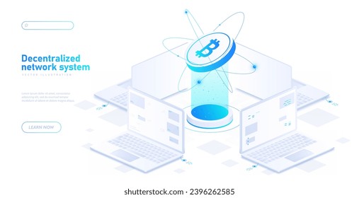 Decentralized network white poster. Bitcoin and cryptocurrency. Economy, investing and trading. Landing page design. Cartoon isometric vector illustration isolated on white background