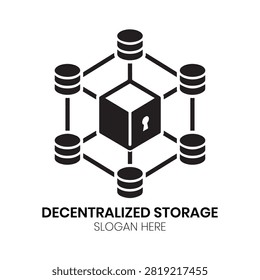 Decentralized Storage logo features a secure central data block connected to distributed server nodes via network lines, representing cloud security and blockchain storage. This modern corporate design is highly suitable for blockchain networks, cloud infrastructure providers, decentralized data platforms, and cybersecurity enterprises needing a secure visual representation.