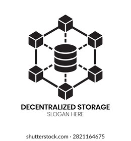 Decentralized Storage logo integrates a central database server linked through a peer-to-peer distributed node network. This advanced digital design is perfect for distributed ledger technologies, peer-to-peer file sharing platforms, cloud hosting networks, or enterprise data centers needing a scalable, modern identity emphasizing decentralized networks, database management, and high-speed data transfer.