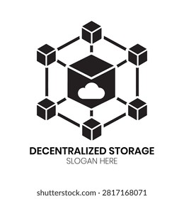 Decentralized Storage logo presents a central cloud surrounded by interconnected blockchain blocks in a network layout. This innovative, distributed design is highly effective for cloud computing platforms, blockchain enterprises, data hosting services, or decentralized network providers requiring a distinct, modern identity that emphasizes security, data distribution, and scalable architecture.