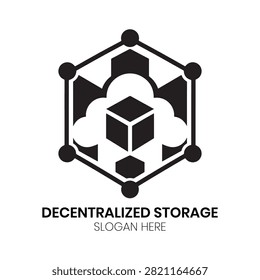 Decentralized Storage logo presents a secure cloud structure connected via decentralized network nodes and cryptographic blocks. This modern digital design is ideal for cloud storage providers, blockchain infrastructure companies, web3 data platforms, or decentralized finance networks looking for a secure, futuristic identity emphasizing data security, distributed networks, and cloud computing.