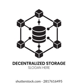 Decentralized Storage logo presents a symmetrical node network layout connecting central database blocks, representing distributed cloud architecture. This technical and reliable design works perfectly for peer-to-peer network providers, decentralized finance platforms, distributed file hosting services, and advanced data management firms.