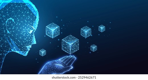 Decentralized systems concept. AI robotic head holding blockchain symbols on dark blue background. Innovation, security, trust in digital networks. Glowing low polygonal abstract vector illustration.