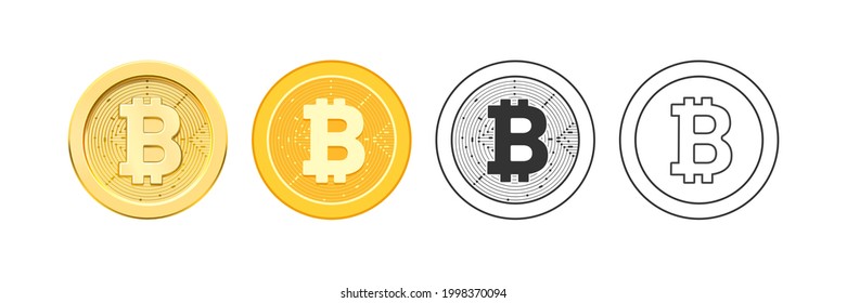 Decentralized virtual currency for payment and transactions, isolated bitcoin icons in realistic, flat and line style. Golden coins, electronic exchange and financial profit, vector illustration