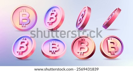 Decentralized virtual currency for payment and transactions, 3D bitcoin icons in realistic, flat and line style. Golden coins, electronic exchange and financial profit, vector illustration