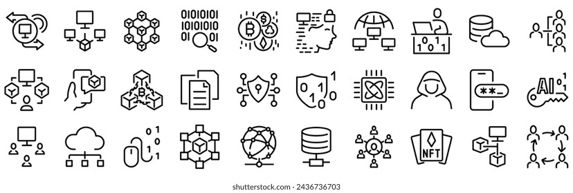 Dezentrale Webzeilensymbole. Blockchain-Technologie. Kryptowährung, Knoten, Verteilung, Finanzen, Verschlüsselung, Token, Whitepaper und Wallet-Icon-Sammlung.