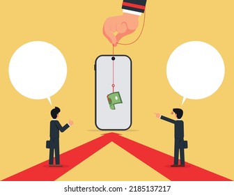 Deception Or Attraction Concept, Smart Phone With Fishing Hook. Businessmen Looking For Income From Doing Business Online.