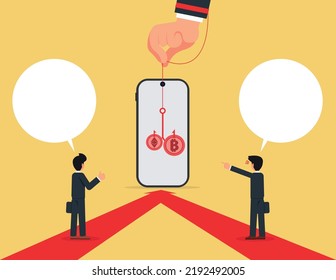 Deception Or Attraction Concept, Smart Phone With Fishing Hook. Businessmen Who Are Looking To Earn Money From Digital Coins.