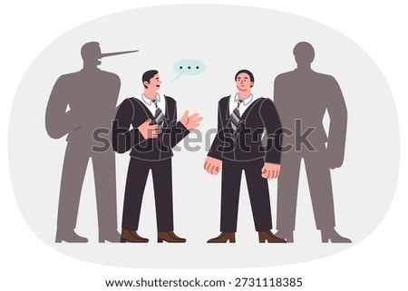 Deception in business negotiations between man and swindler wants to make dishonest deal, standing near shadow with long nose. Swindler seller talks about non-existent advantages of product,
