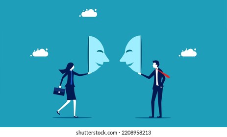 Deception. Business People Wearing Masks To Each Other. Vector Illustration