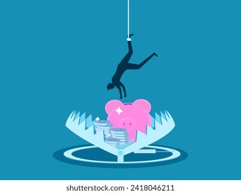 Deception, corruption. Businessman reaches into a piggy bank in a bear trap. Vector 