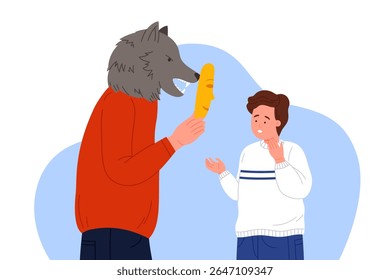 Deception, hypocrisy in parent child relationships, hiding aggression and true face, domestic violence. Wolf character holding mask in front of boy to pretend to be friend cartoon vector illustration - Powered by Shutterstock - Get 15% off with code: PIKWIZARD15