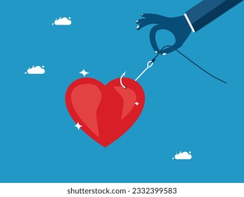 Deception of the mind. businessman holding a hook with a heart 