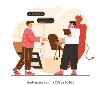 Deception in partnership concept. Bad collaboration and cooperation. Unreliable business partner and bad deal, agreement. Cartoon flat vector illustration isolated on white background