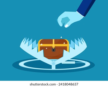 Deception with property and money. Businessman trying to pick up a treasure chest in a bear trap 