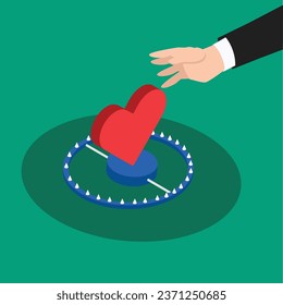 Decepción - trampa que utiliza el corazón como concepto de ilustración vectorial de cebo 3d para banner, sitio web, ilustración, página de aterrizaje, volante, etc