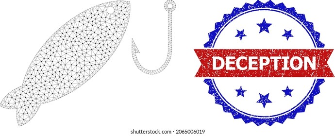 Deception Unclean Stamp Seal, And Fishing Icon Mesh Model. Red And Blue Bicolored Stamp Seal Contains Deception Text Inside Ribbon And Rosette. Abstract 2d Mesh Fishing, Built From Triangles.