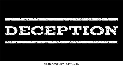 Deception watermark stamp. Text tag between horizontal parallel lines with grunge design style. Rubber seal stamp with dust texture. Vector white color ink imprint on a black background.