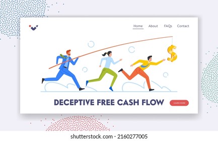 Deceptive Free Cash Flow Landing Page Template. Business People Chasing Dollar Sign Hanging on Rod. Financial Success, Business Opportunity, Wealth Concept. Cartoon Vector Illustration